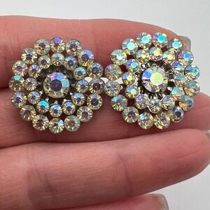 Vintage Aurora Borealis Rhinestone Earrings Round Floral‎ Screw Back